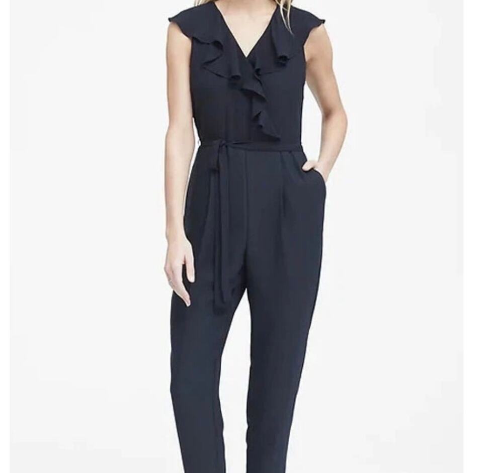 Banana Republic Sleeveless Jumpsuit Navy Blue Ruffle V Neck Tailored Size 14